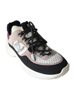Chanel Suede Calfskin Mixed Fibers CC Sneakers Grey Black Pink